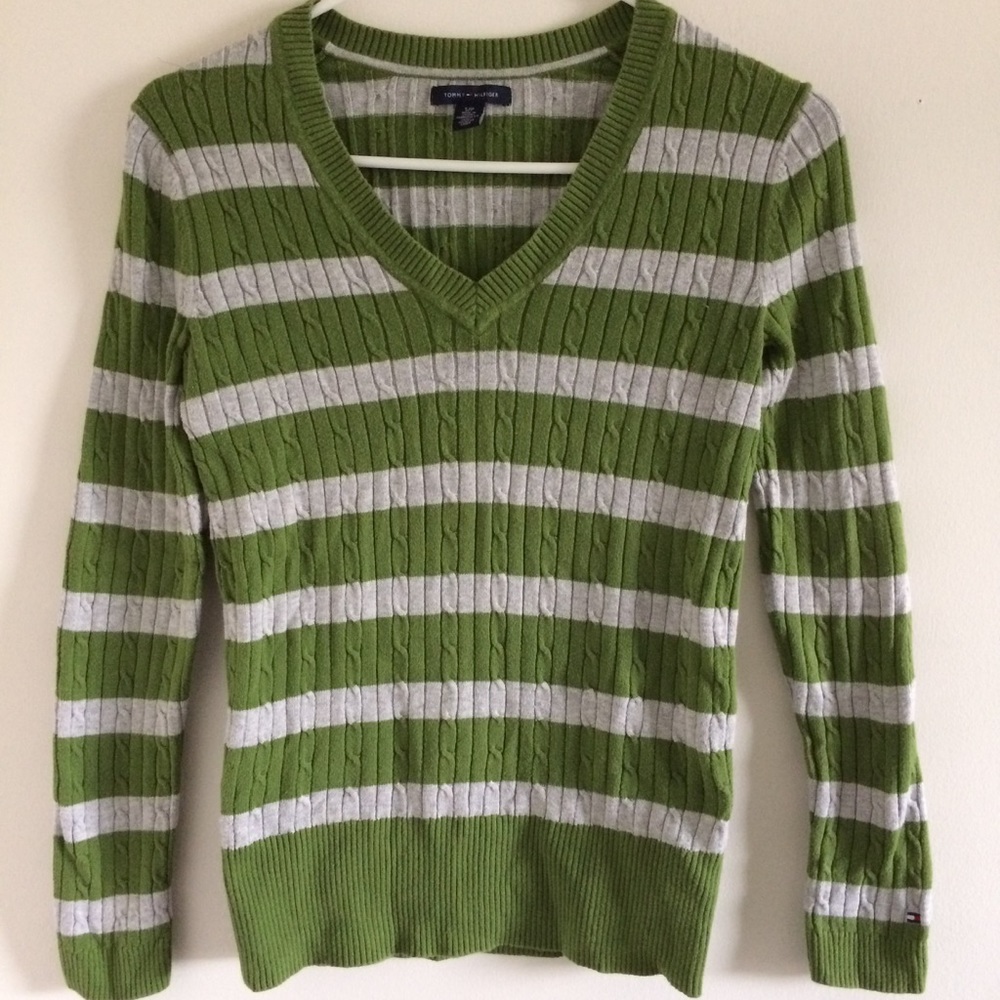Tommy Hilfiger Green Striped V-Neck Sweater